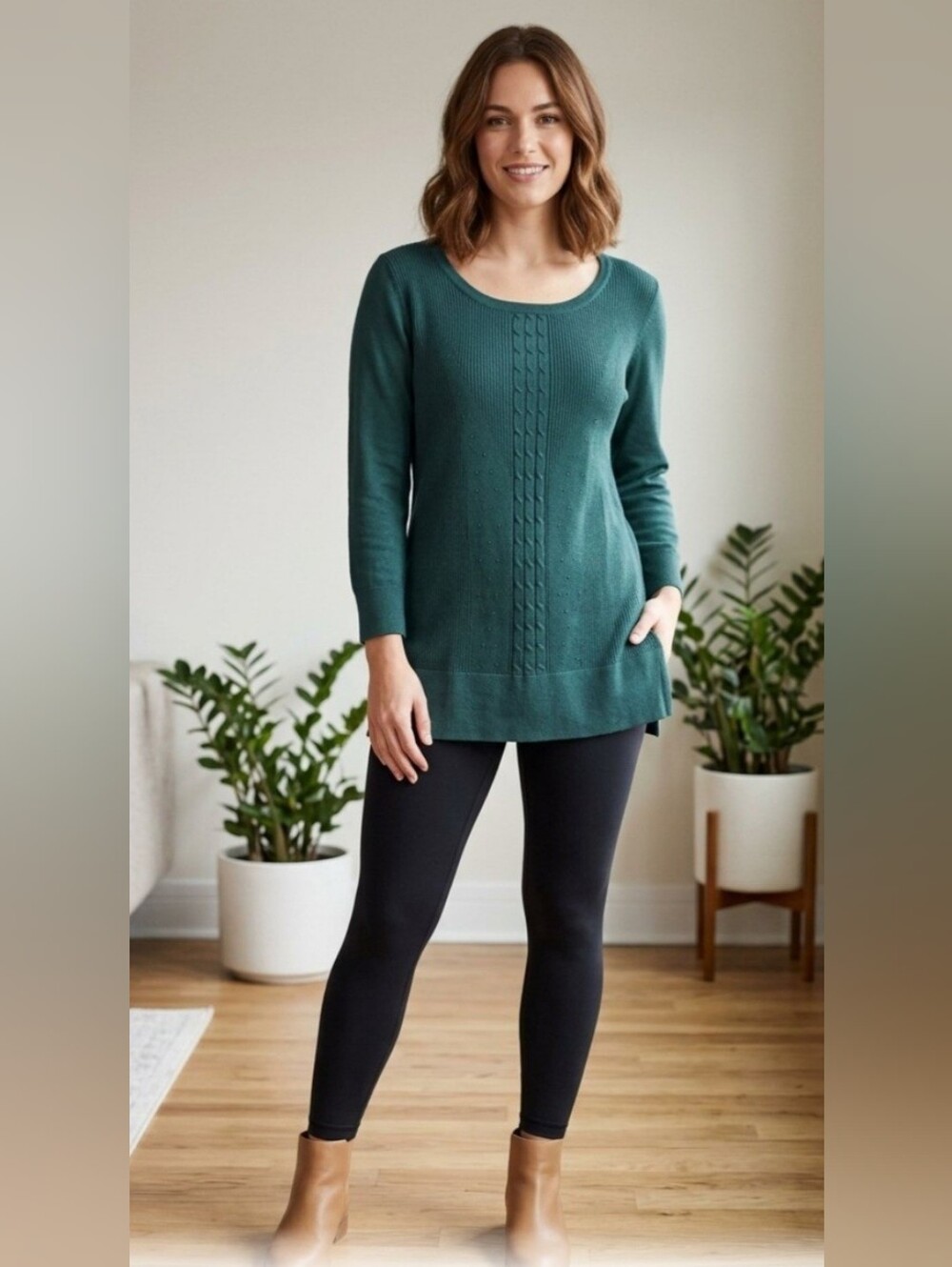 Cable & Gauge Dark Green Cable-Front Scoop Neck Sweater
